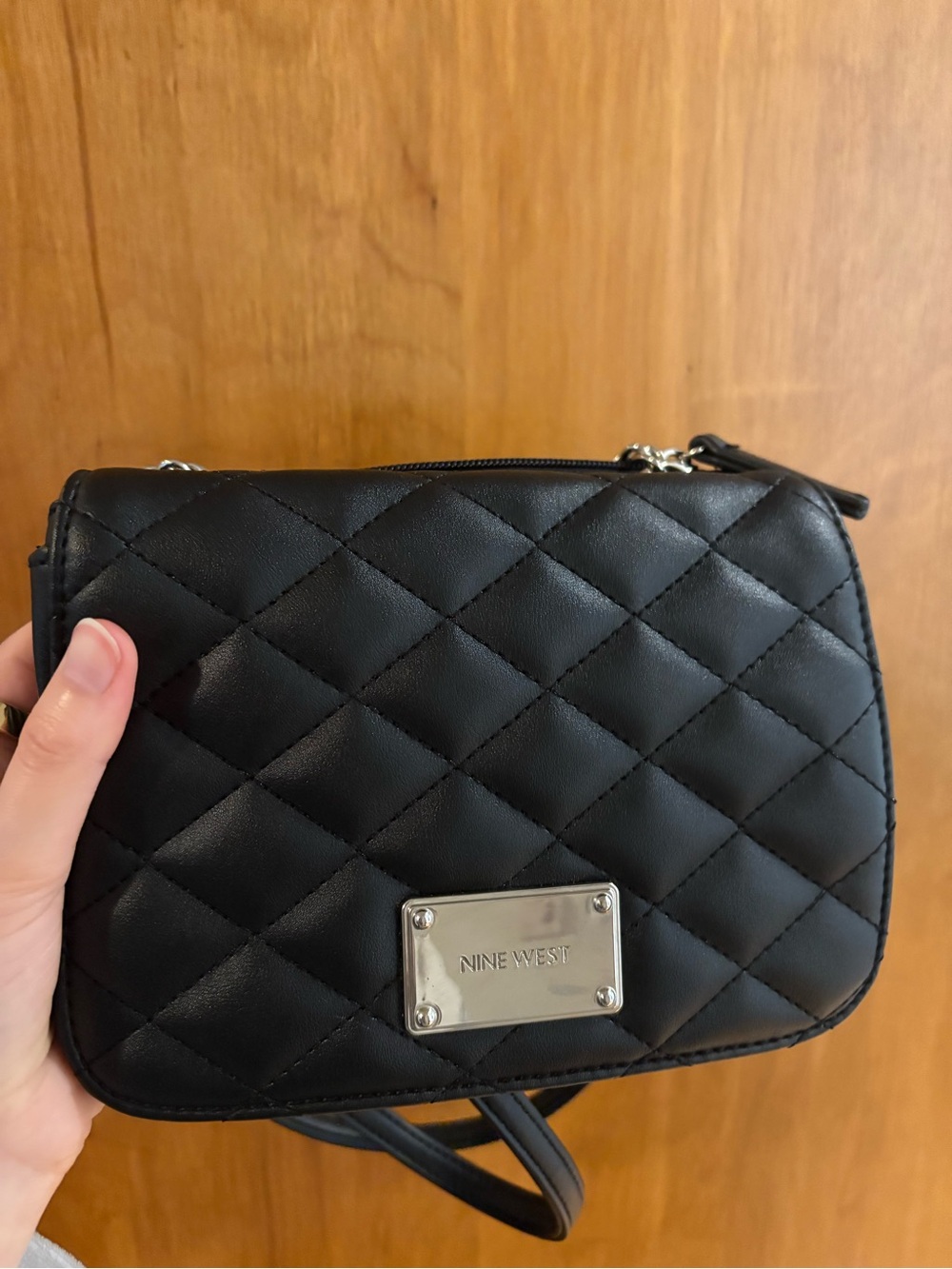 Nine West Black Quilted Crossbody with Silver Plaque